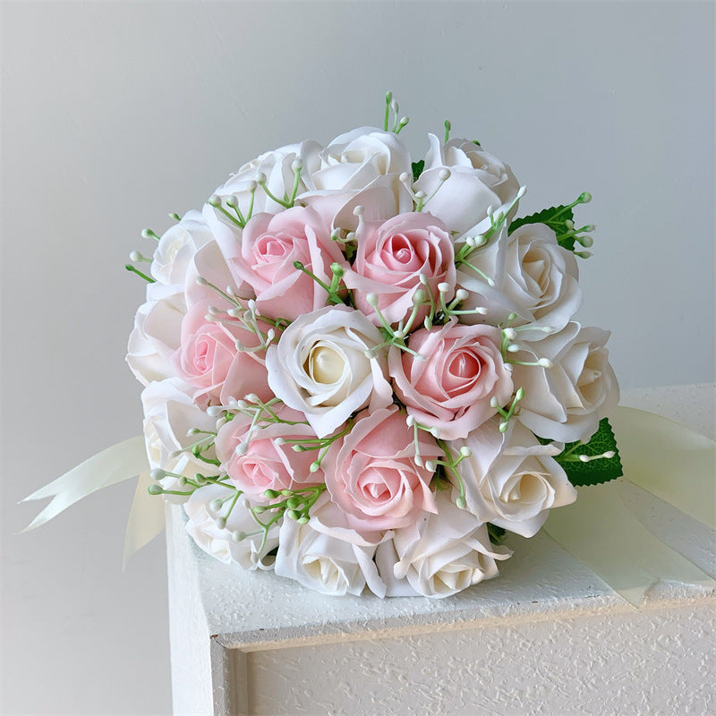 Artificial Silk Rose Bridal Bouquet, 18-Bloom Wedding Bouquet in Cream White, 12" Height for Bridesmaids & Centerpieces