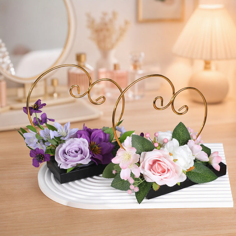 Vintage Heart Ring Holder with Artificial Roses and Daisies, 7.5 Inch, Includes Pot