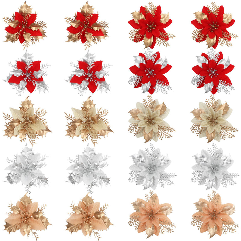 Gold Dust Glitter Flower Head, 4.5" Diameter, Silk-Like Faux Blossom for Christmas DIY Decor, Holiday Centerpieces & Floral Arrangements