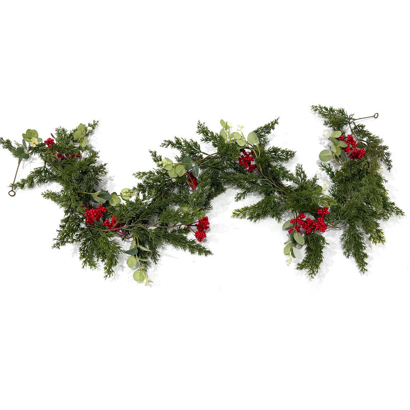 Artificial Pine Cypress Vine Garland with Red Berries & Money Leaves, Trailing Greenery for Christmas Door & Mantel Decor