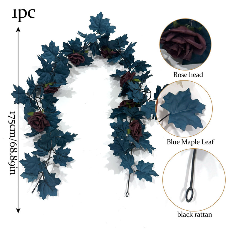 Blue Maple Leaf Rose Garland Vine, 2-Pack Artificial Fall Vines, Silk-Like Fabric, Halloween & Autumn Decor