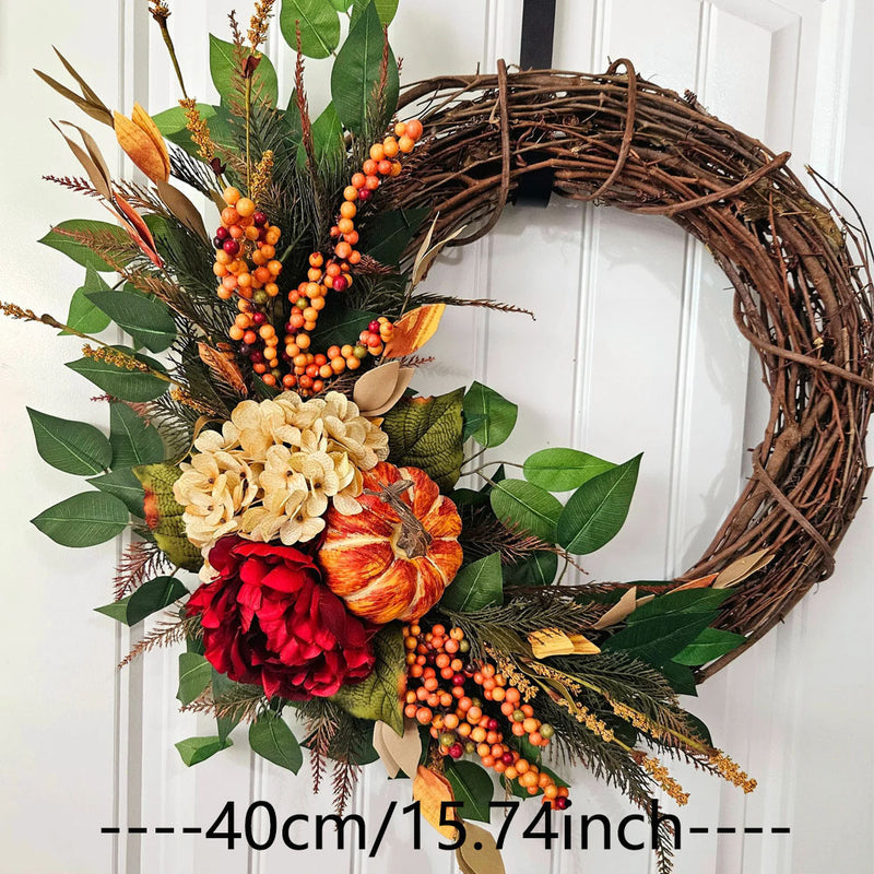 Autumn Harvest Floral Wreath, 16" Rustic Pumpkin & Hydrangea Wall Decor, Farmhouse Style Door Hanging for Fall Home, Wedding, Coffee Shop