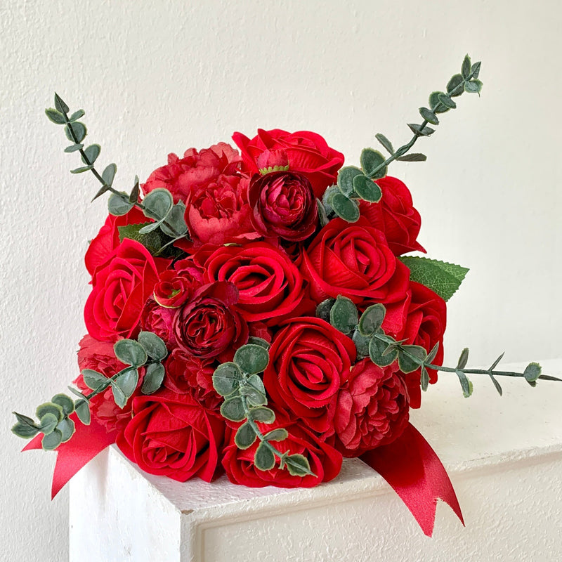 Artificial Silk Rose Bridal Bouquet, 18-Bloom Wedding Bouquet in Cream White, 12" Height for Bridesmaids & Centerpieces