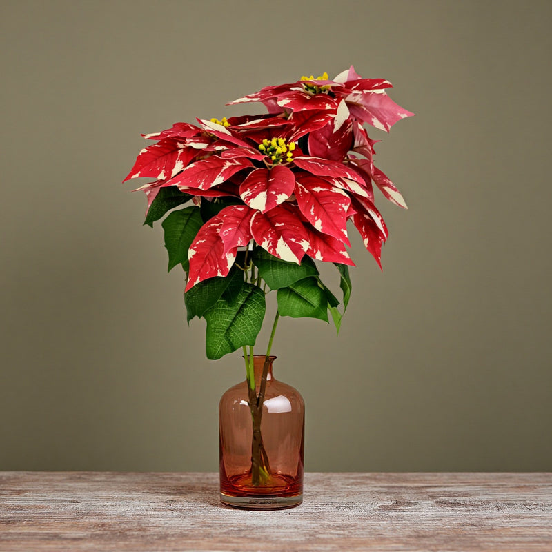 Artificial Poinsettia Bush with 9" Snowflake-Patterned Blooms, 20" Tall, Bendable Stems for Christmas & Holiday Decor