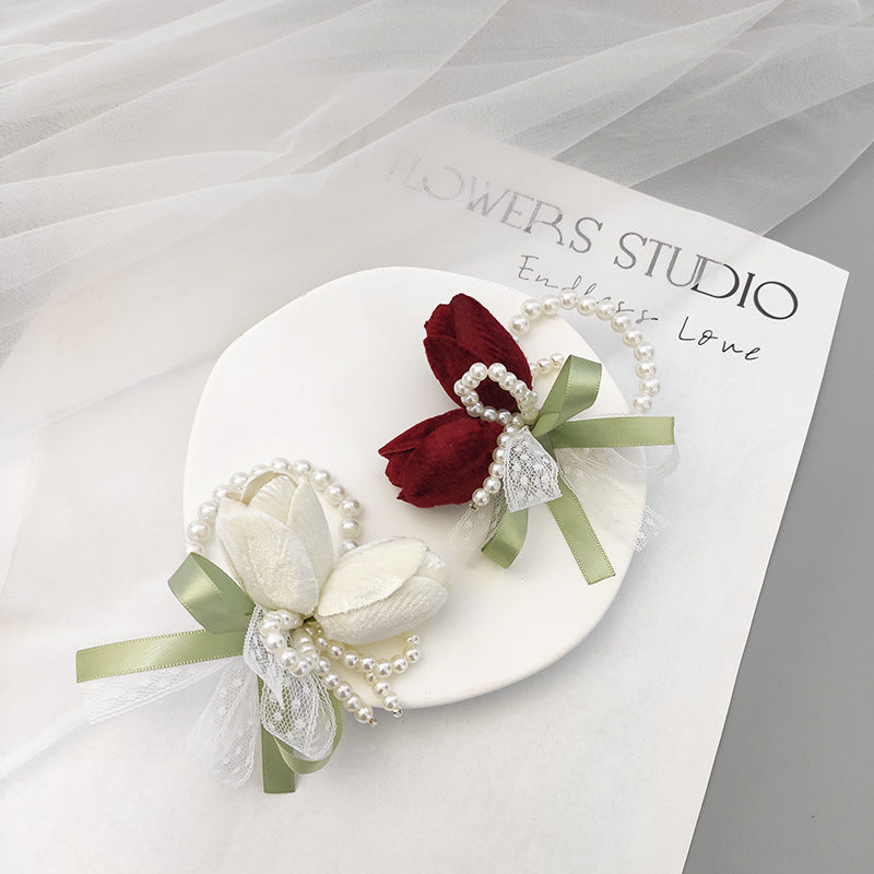 Bulk Romantic Marsala Artificial Velvet Tulips Wrist Corsage Wholesale