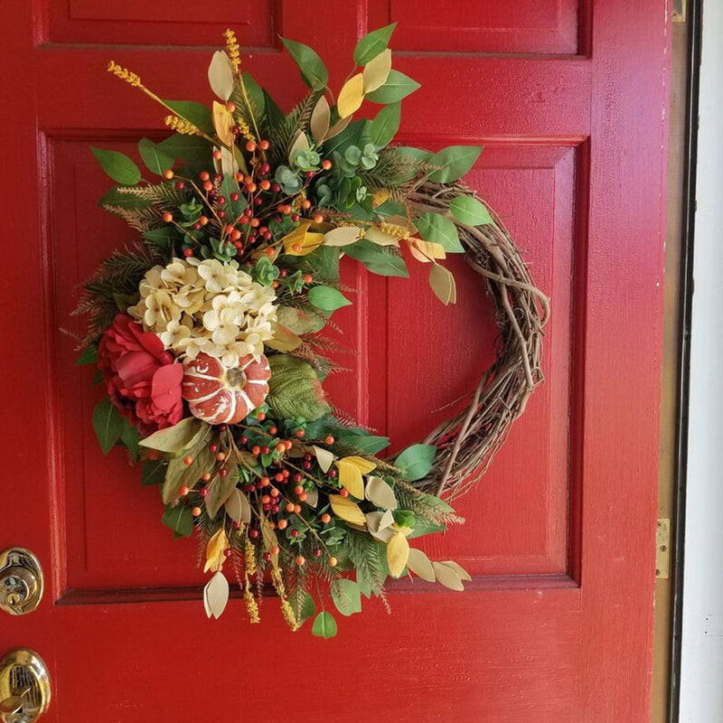 Autumn Harvest Floral Wreath, 16" Rustic Pumpkin & Hydrangea Wall Decor, Farmhouse Style Door Hanging for Fall Home, Wedding, Coffee Shop