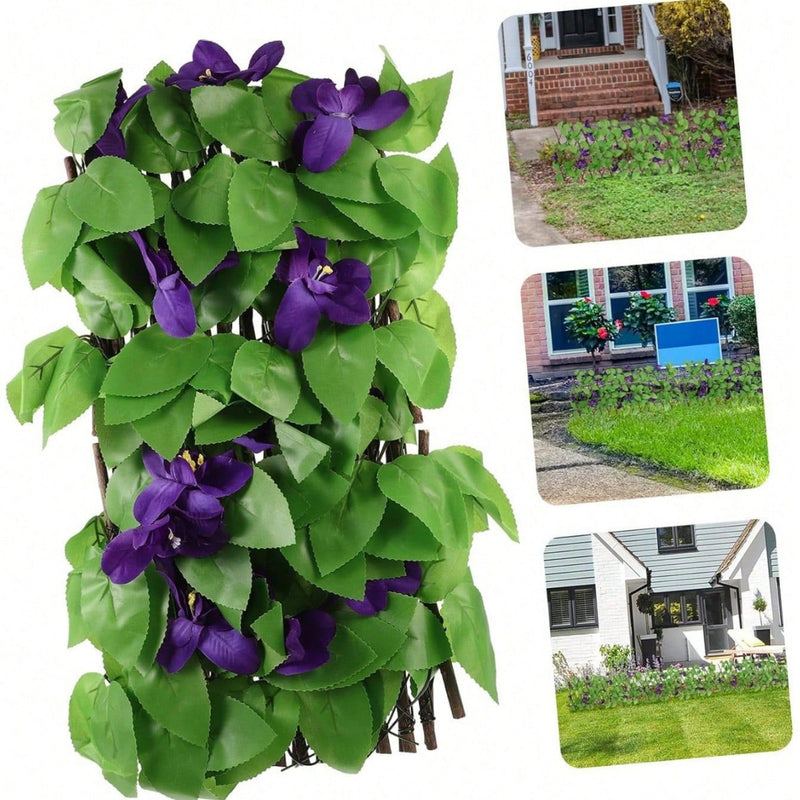 Expandable Artificial Violet Flower Fence Panel, Faux Silk-Like Fabric Privacy Screen for Patio, Balcony, Garden & Wedding Decor