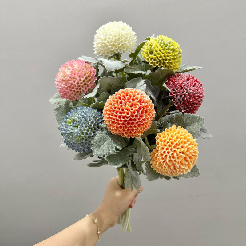 Artificial Chrysanthemum Pompon Single Stem, 14.5" Fluffy Faux Flower for Wedding Centerpieces, Home Decor, Office & Events