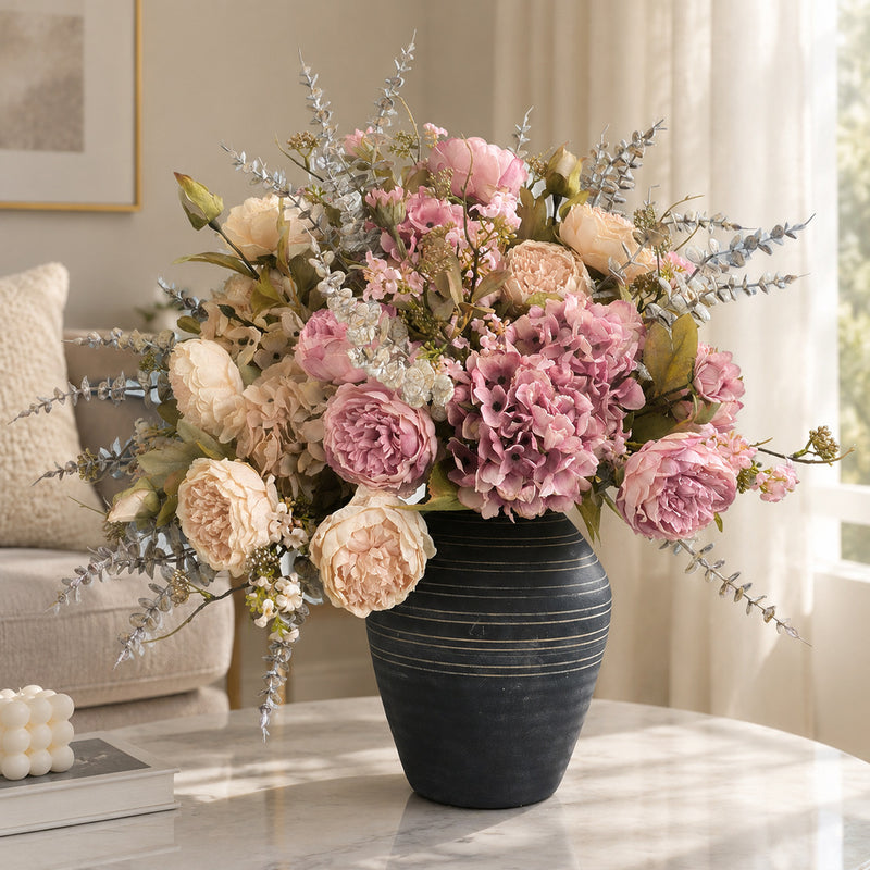 Artificial Peony & Hydrangea Bouquet, 3-Bloom Faux Silk Flowers with Bendable Stems, Autumn Home & Wedding Decor