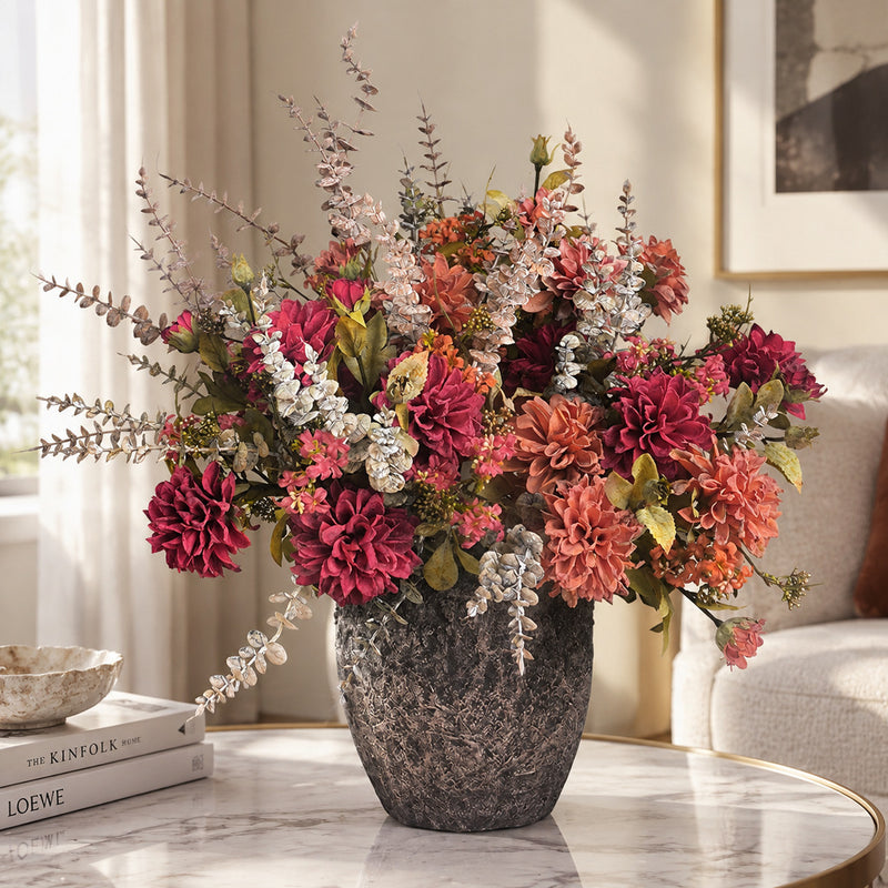 Artificial Dahlia Bouquet, 3 Faux Silk Blooms, Autumn Burnt-Edge Fall Flowers for Home, Wedding & Seasonal Decor