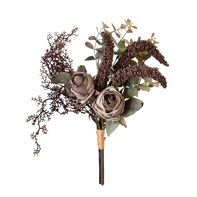 11" Autumn-Inspired Rose and Eucalyptus Bouquet, Faux Silk Floral Arrangement for Weddings, Home Decor, and Events
