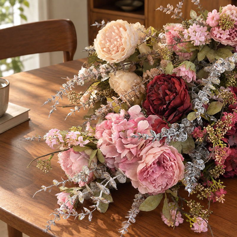 Artificial Peony & Hydrangea Bouquet, 3-Bloom Faux Silk Flowers with Bendable Stems, Autumn Home & Wedding Decor