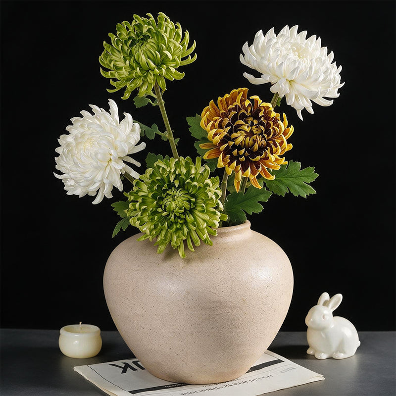 Artificial Chrysanthemum Single Stem, Fall-Colored Silk-Like Flower, 23" Height with 4.5" Bloom, for Home Decor, Weddings & Seasonal Displays