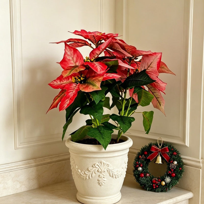 Artificial Poinsettia Bush with 5 Blooms, 20" Silk-Like Christmas Decor for Home, Weddings & Events