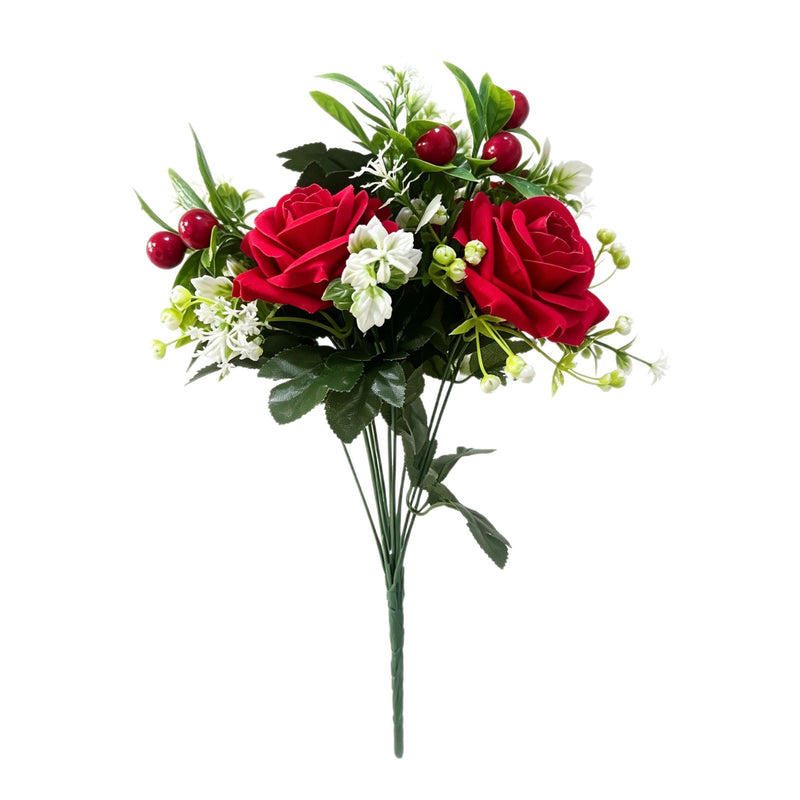 18" Artificial Christmas Rose Bush, Red Poinsettia & Rose Stems, Silk Flowers for Holiday Decor, Weddings, Home, Office, Bulk Discounts Available