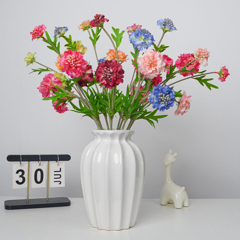 Artificial Scabiosa, Carnation & Daisy Flower Bush with 3 Blooms, Flocked Faux Floral for Wedding, Home & Office Decor
