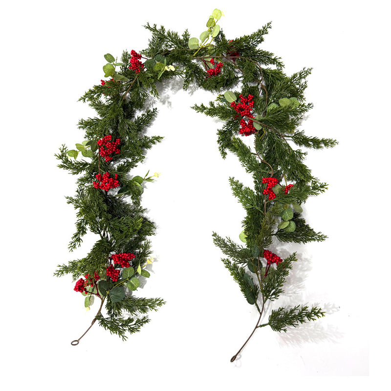 Artificial Pine Cypress Vine Garland with Red Berries & Money Leaves, Trailing Greenery for Christmas Door & Mantel Decor