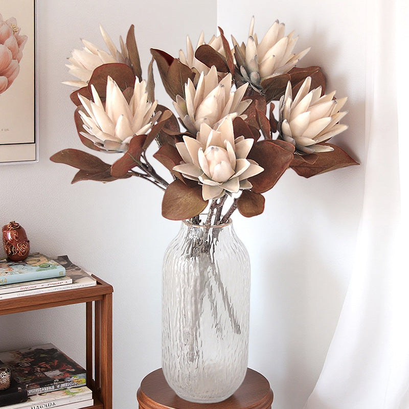 Single Stem Artificial Protea Flower in Caramel Tone, Retro Home Decor, 20" Tall, Silk-Like Fabric