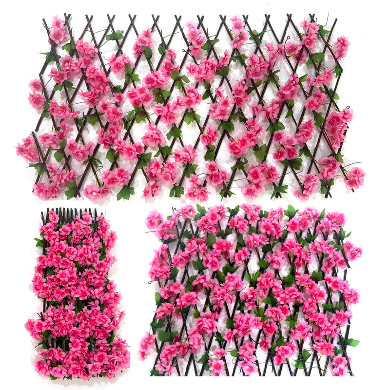 Artificial Cherry Blossom Expandable Fence Panel, Faux Silk Flower Trellis for Garden, Balcony, Patio & Party Decor