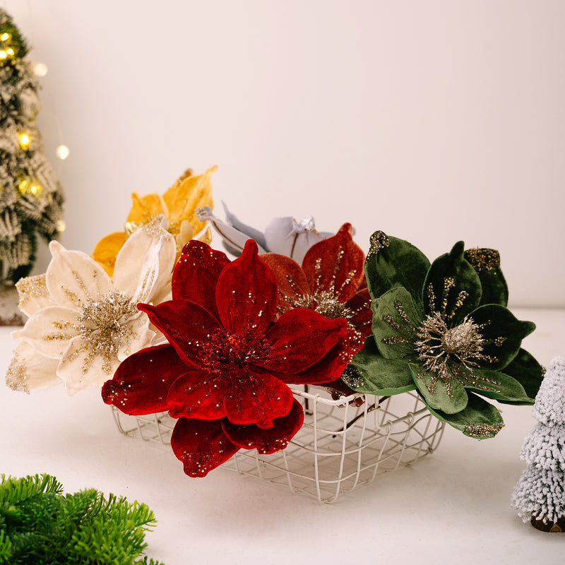 Gold Glitter Velvet Magnolia Artificial Flower Stem, Single Stem 1 Bloom, Christmas Tree Ornament, Holiday & Wedding Decor