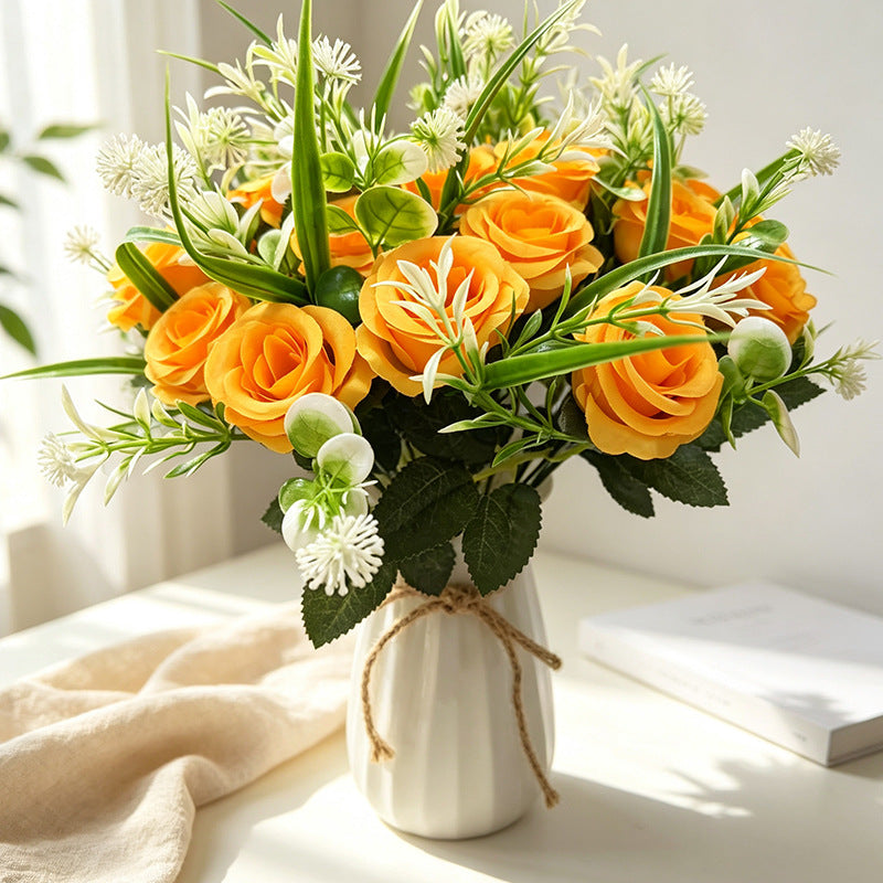 18-Bloom Rose Bush, Modern Farmhouse Style Artificial Flower Bouquet for Home Decor, Weddings, and Events