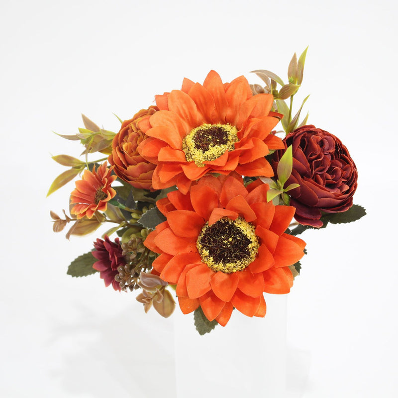 13" Artificial Peony, Daisy & Sunflower Bush with 8 Blooms, Plastic Faux Flowers for Home, Wedding, Outdoor Decor