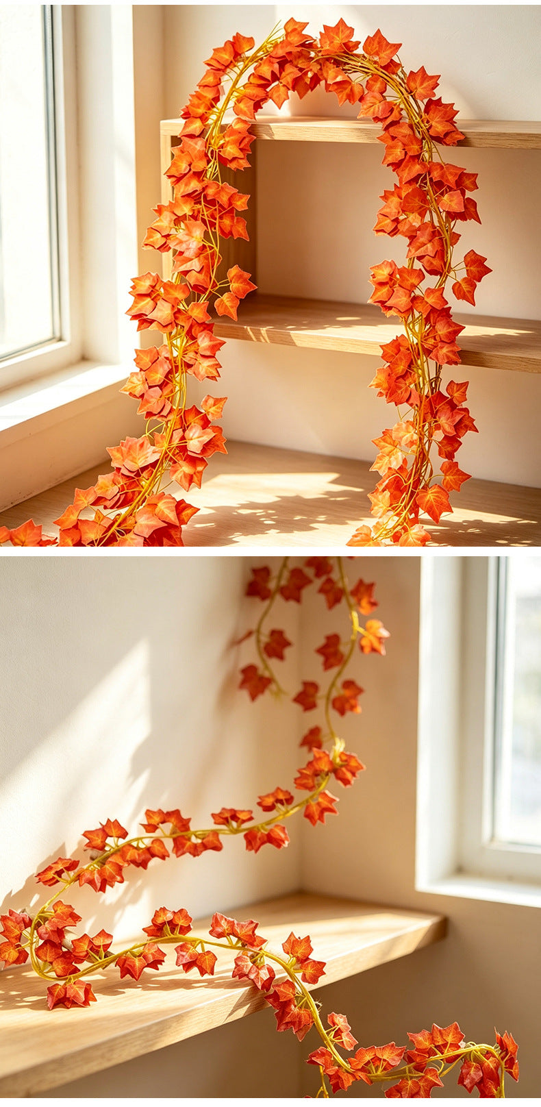 Artificial Boston Ivy Garland Vine, 12-Pack with 72 Red Fall Leaves, Plastic Faux Foliage for Autumn Decor & Weddings