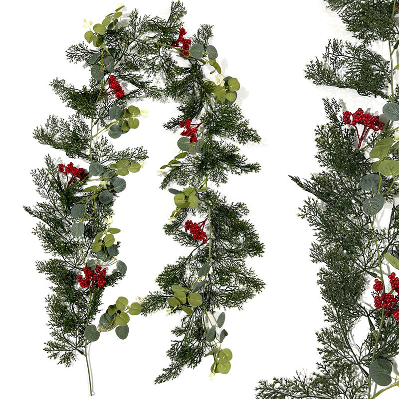 Artificial Christmas Garland Vine with Red Berries & Pine, Faux Money Leaf Greenery for Holiday Wall Decor, Mantel & Window Displays