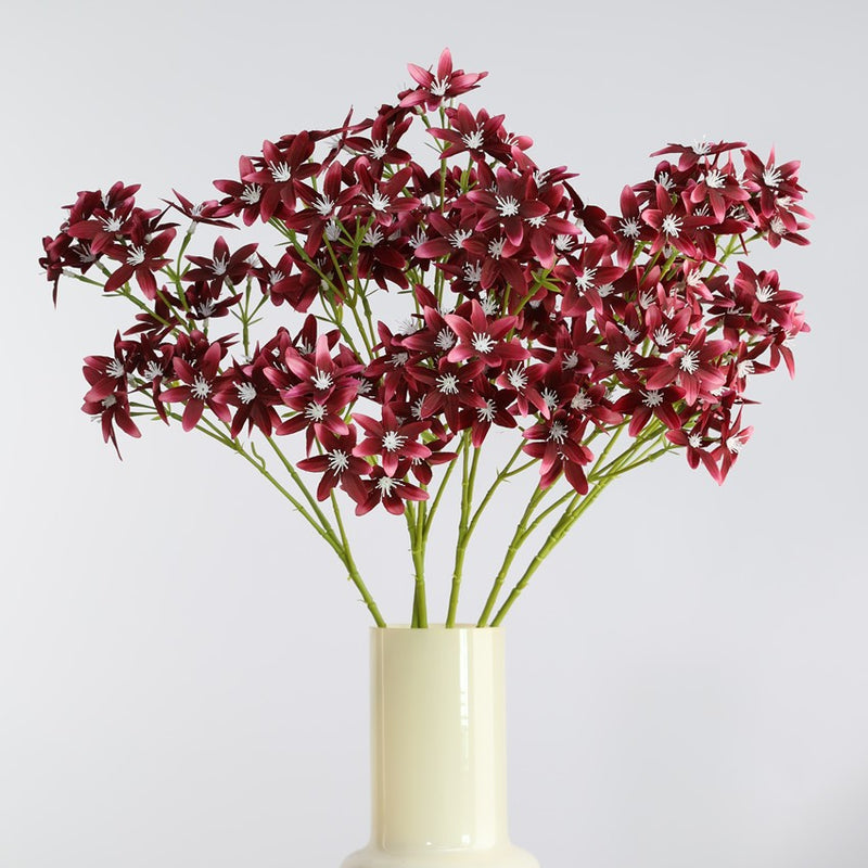 Artificial Star Orchid Bush, 3-Prong 6-Point Faux Silk Flower Stem, 22 in, for Wedding, Vase & Home Decor