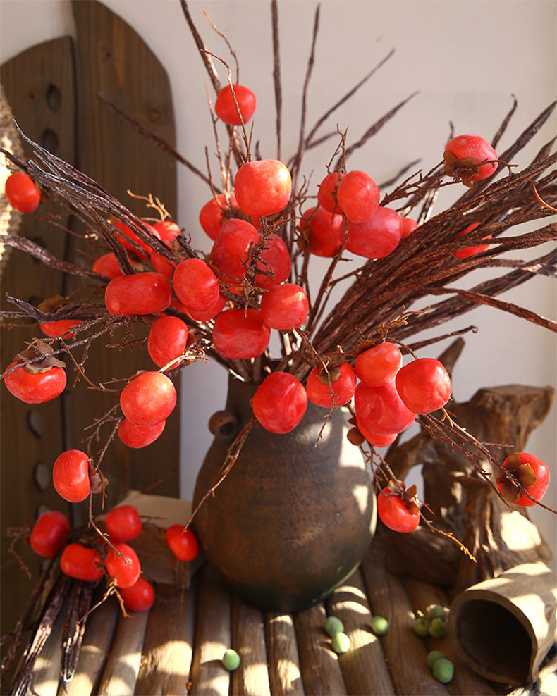 Venta al por mayor de frutas artificiales de ramas de árboles de tallos largos de caqui de 37 "a granel