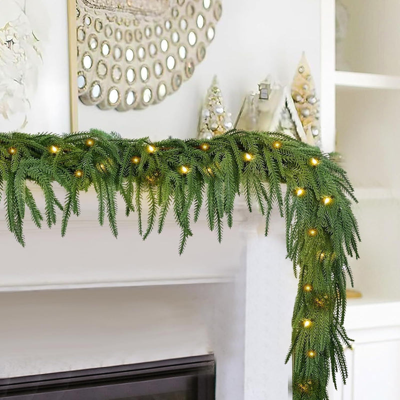 Artificial Norfolk Pine Vine with LED Lights, Set of 3 Soft-Touch Plastic Garlands, Christmas & Home Decor