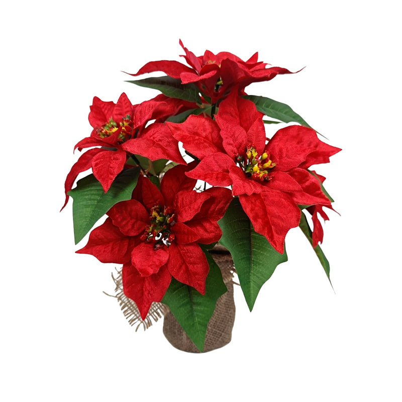 14" Artificial Poinsettia Bush with Planter, Christmas Holiday Decor for Home, Office & Events, Realistic Plastic Faux Floral Arrangement