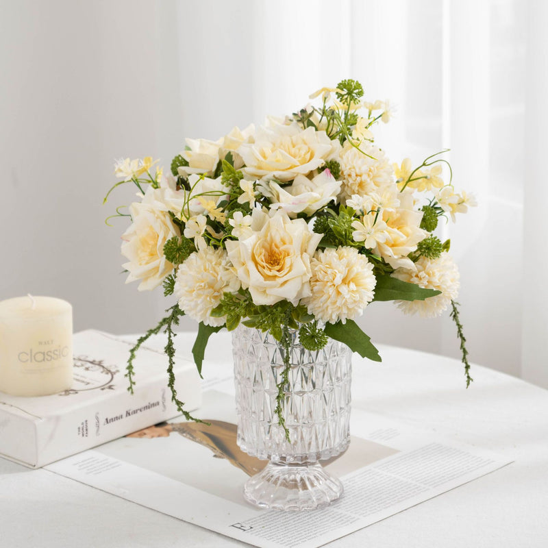 11" Artificial Rose & Chrysanthemum Bush, Realistic Fake Flower Arrangement with 5 Blooms - Wedding Centerpiece, Home Decor, Tabletop Display