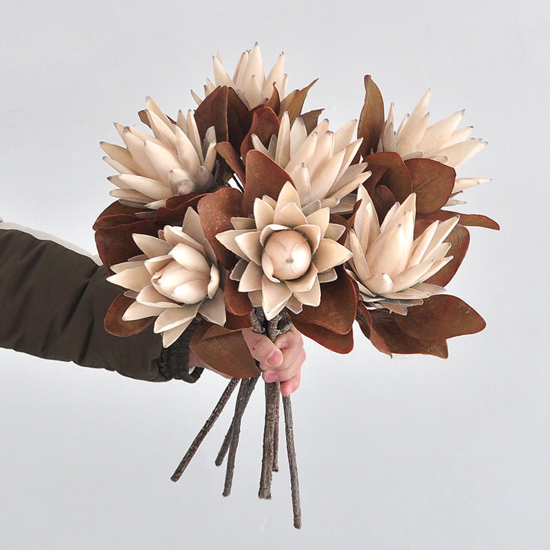 Single Stem Artificial Protea Flower in Caramel Tone, Retro Home Decor, 20" Tall, Silk-Like Fabric