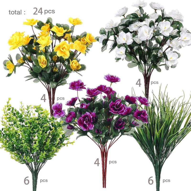 Artificial Eucalyptus & Azalea Spring Greenery Bush, Set of 12, Plastic Faux Flowers for Home, Wedding & Porch Decor