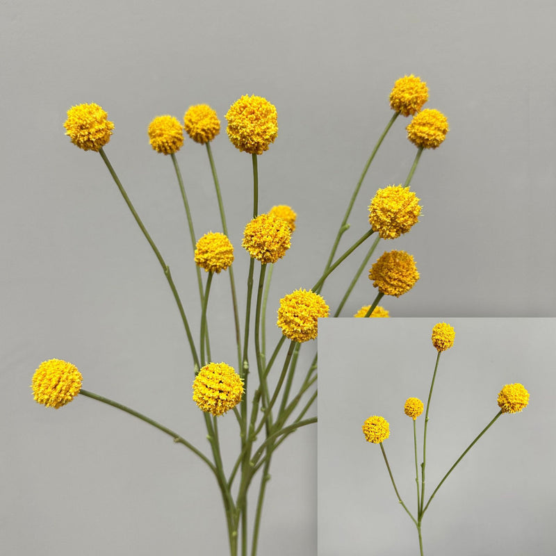 Artificial Craspedia Billy Balls Bush, 4 Yellow Globe Blooms, Faux Plastic Floral Stem for Vases, Home Decor & Weddings