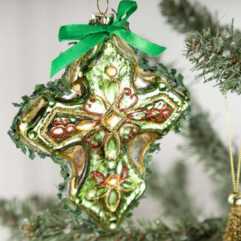 Bulk Christmas Ornaments Gold Leaf Cross Hexagon Glass Pendant Decoration Wholesale