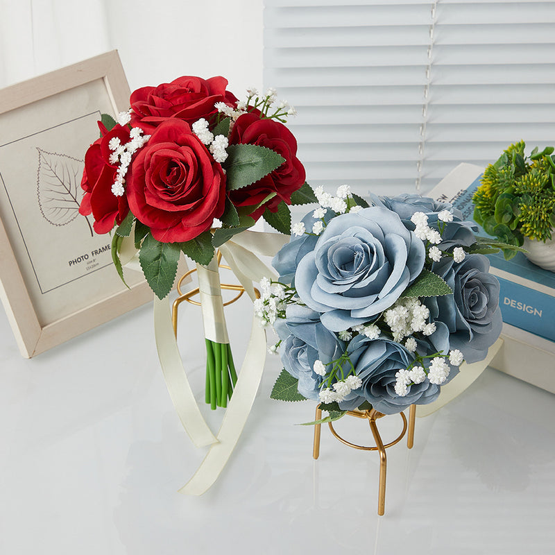 Rustic Rose and Baby’s Breath Bouquet, 11-Inch Silk-Like Fabric Wedding Handheld Flower Bouquet