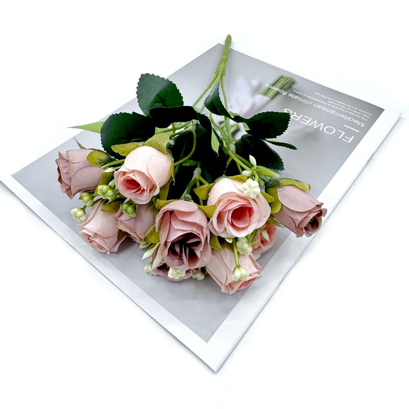 Modern Artificial Rose Bush with 10 Blooms, 12" Tall Plastic Faux Flowers for Home Decor, Weddings & Events