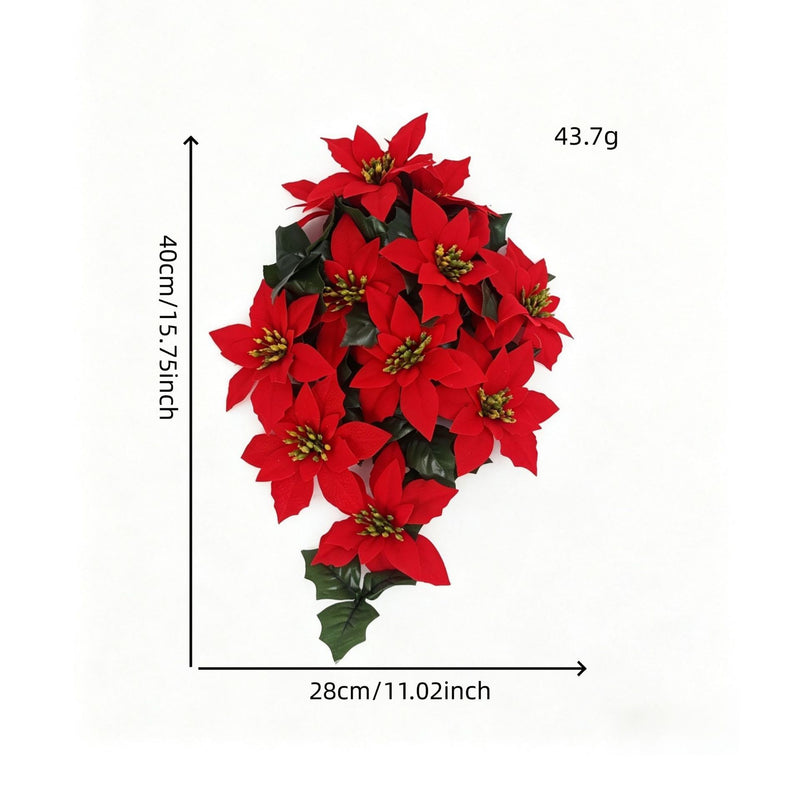 16" Artificial Poinsettia Garland with 11 Blooms, Bendable Wire Stem Christmas Holiday Decor for Walls, Doors and Banisters