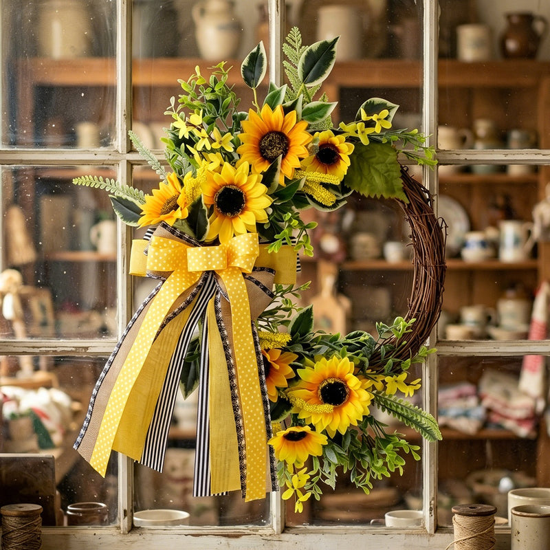 Sunflower Half Wreath with Bee Accents, 18" Autumn Floral Garland, Door Decoration
