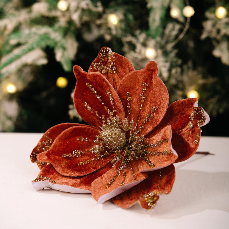 Gold Glitter Velvet Magnolia Artificial Flower Stem, Single Stem 1 Bloom, Christmas Tree Ornament, Holiday & Wedding Decor