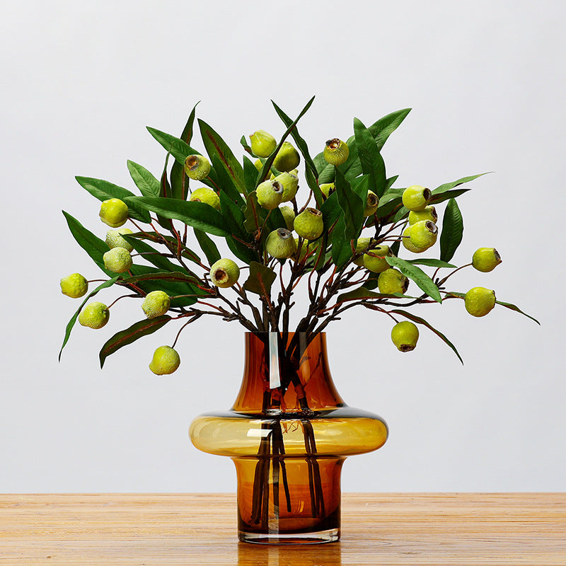 Artificial Pipa Fruit Bush with Leaves, Rustic Wabi-Sabi Style Faux Botanicals, 18" Tall, for Wedding Centerpieces, Home Decor, and Commercial Styling