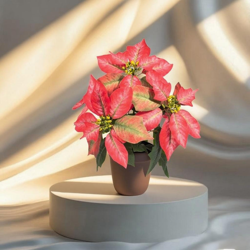Artificial Poinsettia Bush with 5 Blooms, 12" Holiday Decor for Christmas, Home, and Events