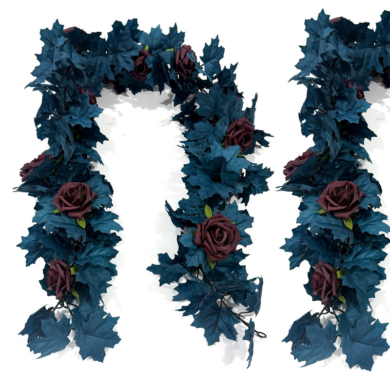 Blue Maple Leaf Rose Garland Vine, 2-Pack Artificial Fall Vines, Silk-Like Fabric, Halloween & Autumn Decor