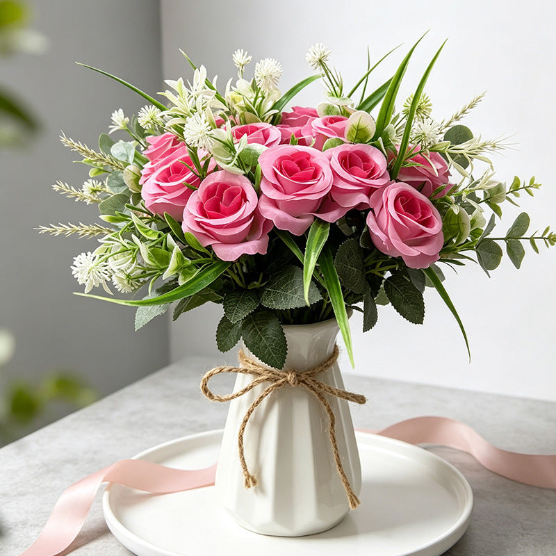 18-Bloom Rose Bush, Modern Farmhouse Style Artificial Flower Bouquet for Home Decor, Weddings, and Events