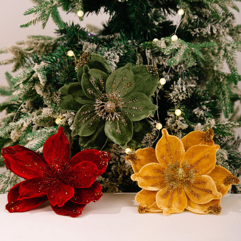 Gold Glitter Velvet Magnolia Artificial Flower Stem, Single Stem 1 Bloom, Christmas Tree Ornament, Holiday & Wedding Decor