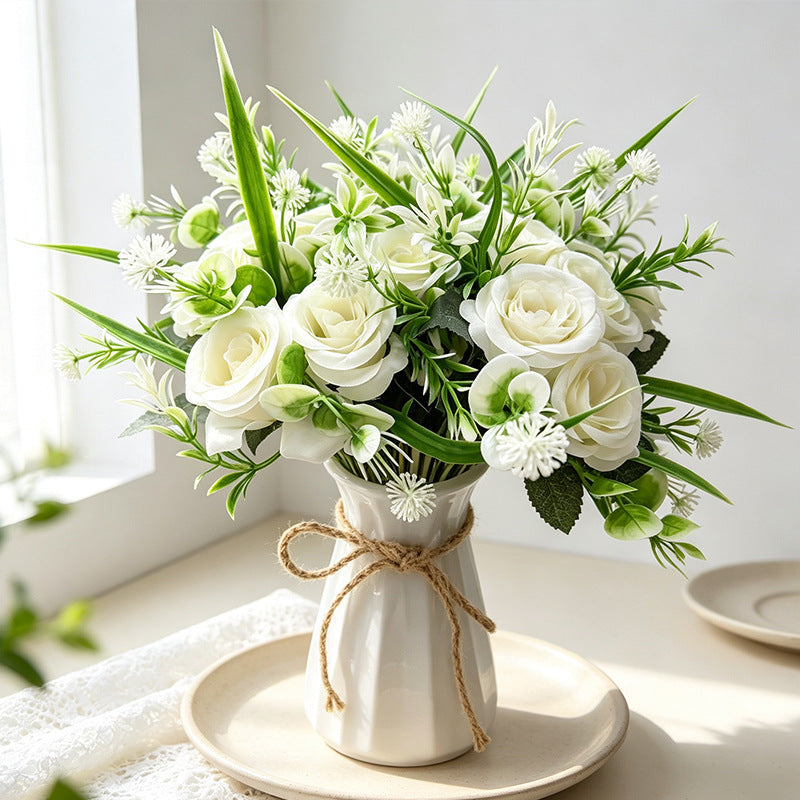 18-Bloom Rose Bush, Modern Farmhouse Style Artificial Flower Bouquet for Home Decor, Weddings, and Events