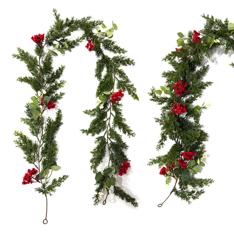 Artificial Pine Cypress Vine Garland with Red Berries & Money Leaves, Trailing Greenery for Christmas Door & Mantel Decor
