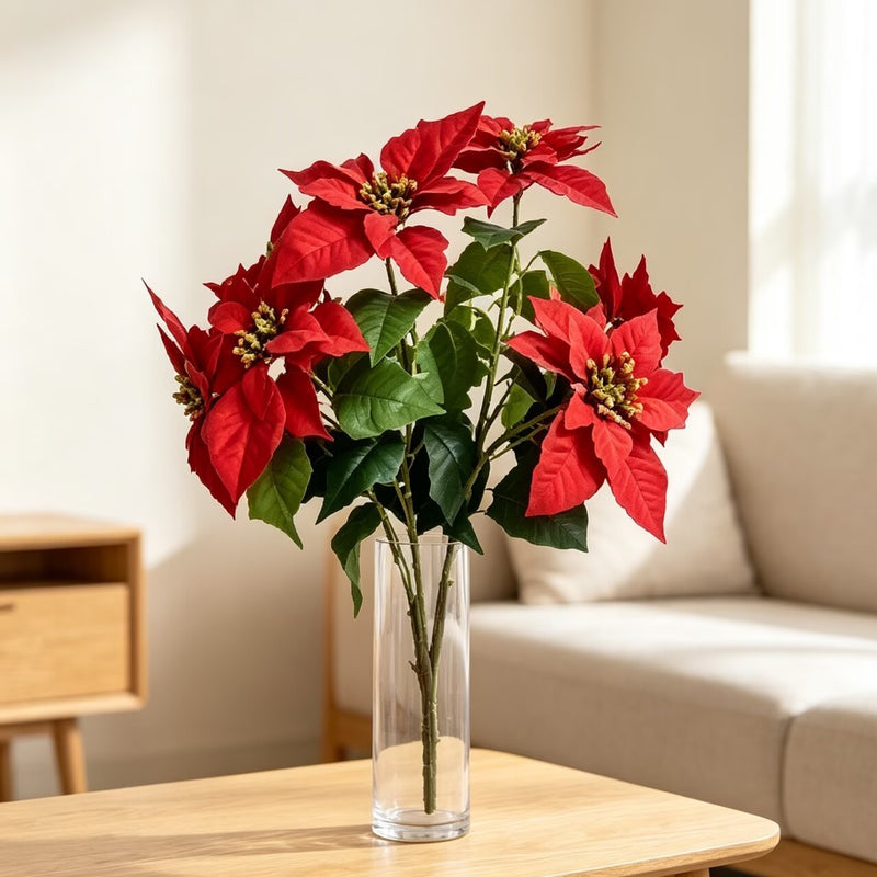 Artificial Poinsettia Bush with 12 Blooms, 18" Tall, Lifelike Silk-Like Faux Flowers for Christmas Decor, Weddings, Home & Office